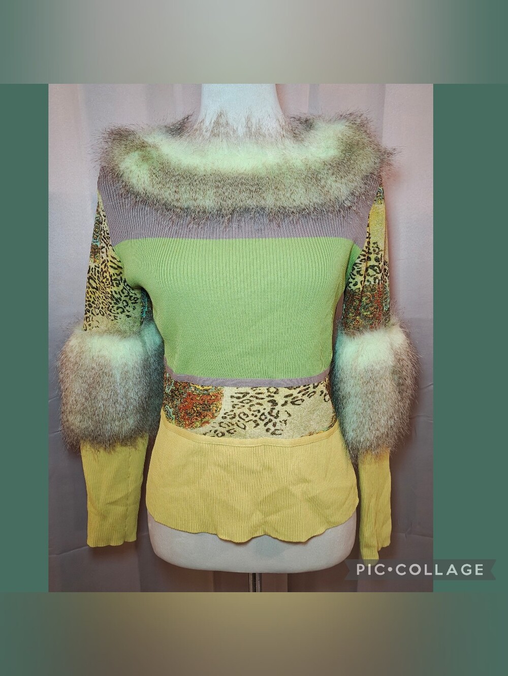 🌟 VINTAGE RADZOLI FAUX FUR MIXED MEDIA PATCHWORK SWEATER 🌟